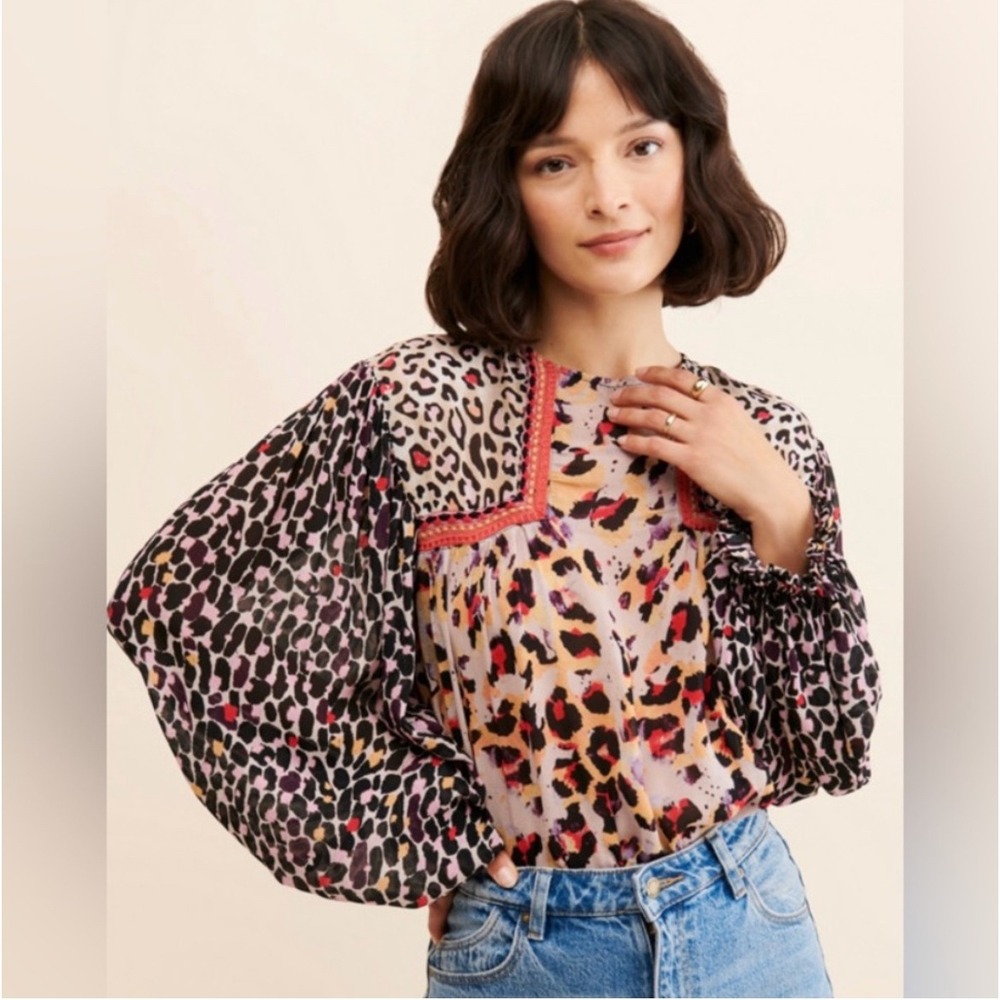 Blank‎ London Animal Print Blouse XS Long Sleeve Top Boho Orange